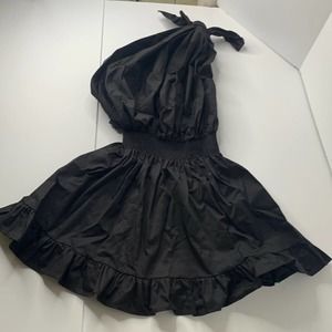 Monica Nera black one shoulder tie ruffled cotton mini dress NWT